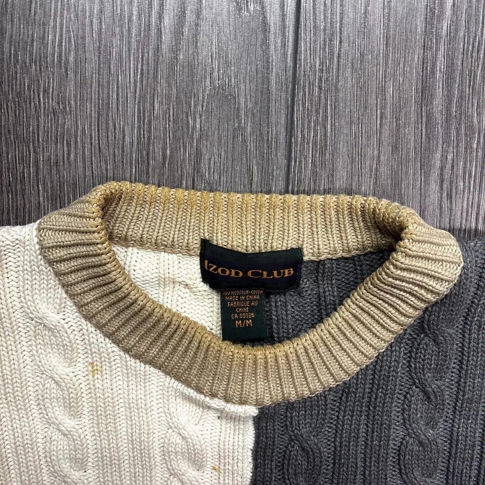 Vintage Izod Club Lacoste Cable Knit Sweater Medium 1990s Brown Grey Golf - Picture 4 of 8